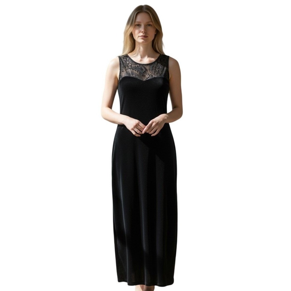 Precis Petite Black Velvet Maxi Dress 10 Mesh Paisley Flocked Yoke Sleeveless